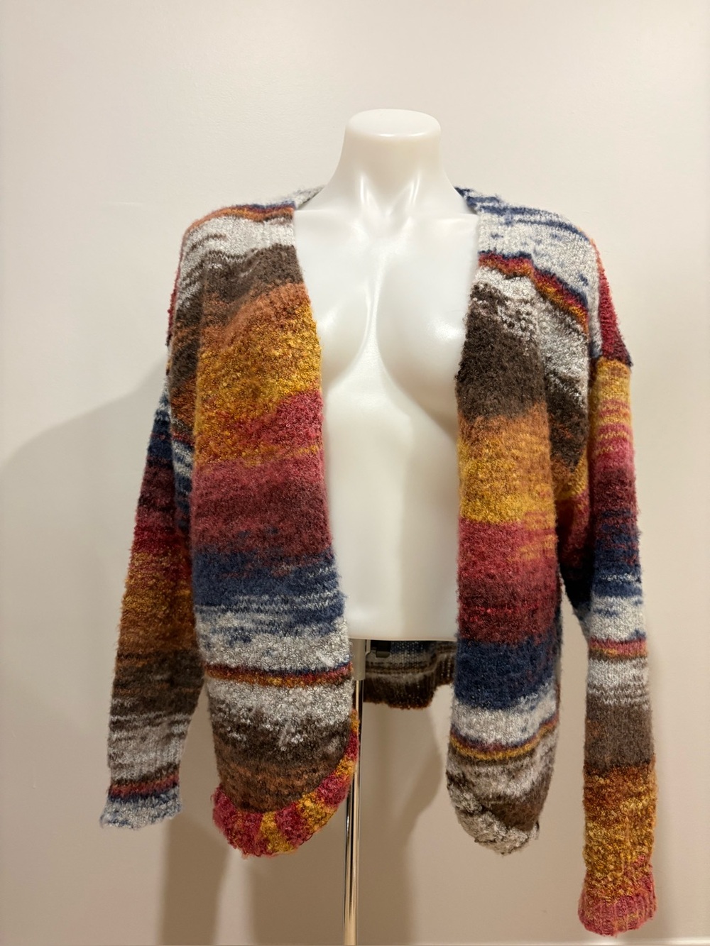 BloomChic Multicolor Striped Open-Front Cardigan — Mustard, Rust, Navy & Cream